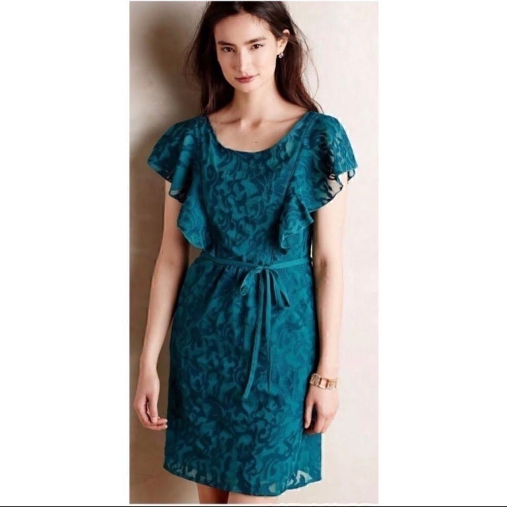 𝅺ANTHROPOLOGIE Moulinette Soeurs Teal Embroidered Ruffle Dress 00P